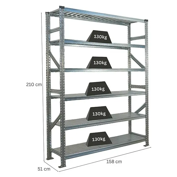 Proregal Metallregal Fachbodenregal PROXIMO Grundregal - Traglast pro Boden: 200 kg, Anzahl Böden: 6 Stk., Stecken, Verzinkt - Abbildung eines Schwerlastregals mit fünf Ebenen, jede mit 130 kg belastet, in den Maßen 210x158x51 cm.