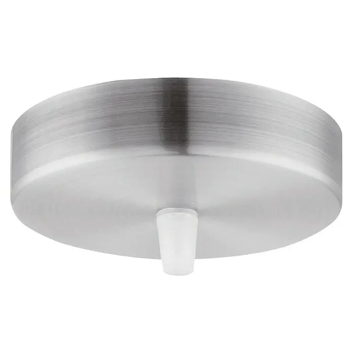 Home Sweet Home Lampenbaldachin - 1-fach, Stahl, Metall, 11 cm - Nahaufnahme einer runden Deckenleuchte aus gebürstetem Edelstahl mit einem weißen Kunststoffaufsatz.