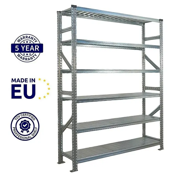 Proregal Metallregal Fachbodenregal PROXIMO 1x Grundregal + 4x Anbauregal - Traglast pro Boden: 200 kg, Anzahl Böden: 6 Stk., Stecken, Verzinkt - Metallregal mit sechs Ebenen, ideal zur Lagerung. Robust und langlebig, perfekt für Werkstatt oder Lagerraum.\n