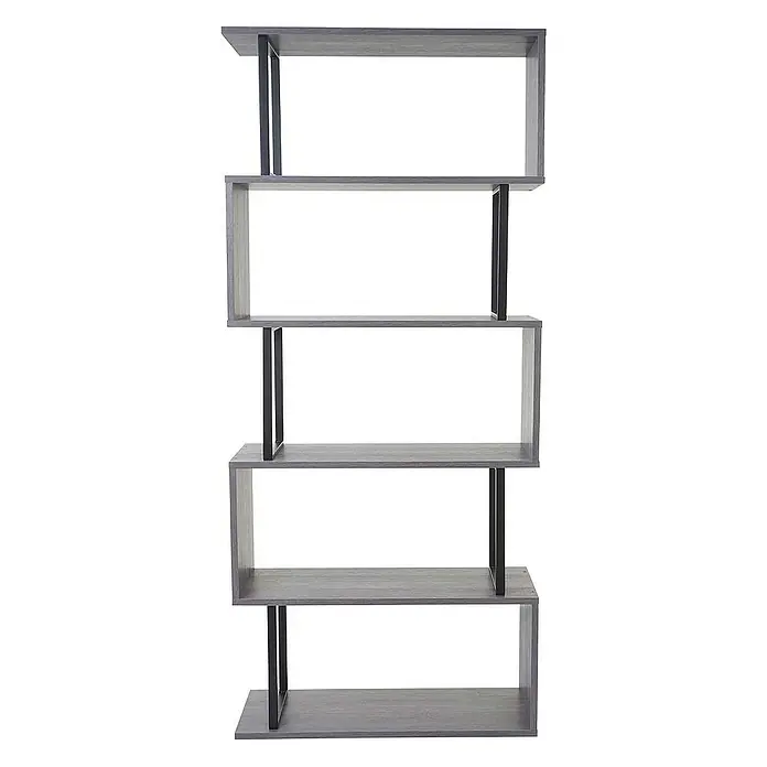 Berlinlodge Holzregal Bücherregal - H x B x T: 183 x 80 x 30 cm, Anzahl Böden: 5 Stk., Aufstellen, Grau - Modernes Bücherregal mit fünf Ebenen in grauem Holzdekor und schwarzen Metallelementen. Ein stilvolles Möbelstück für Wohn- oder Arbeitszimmer.