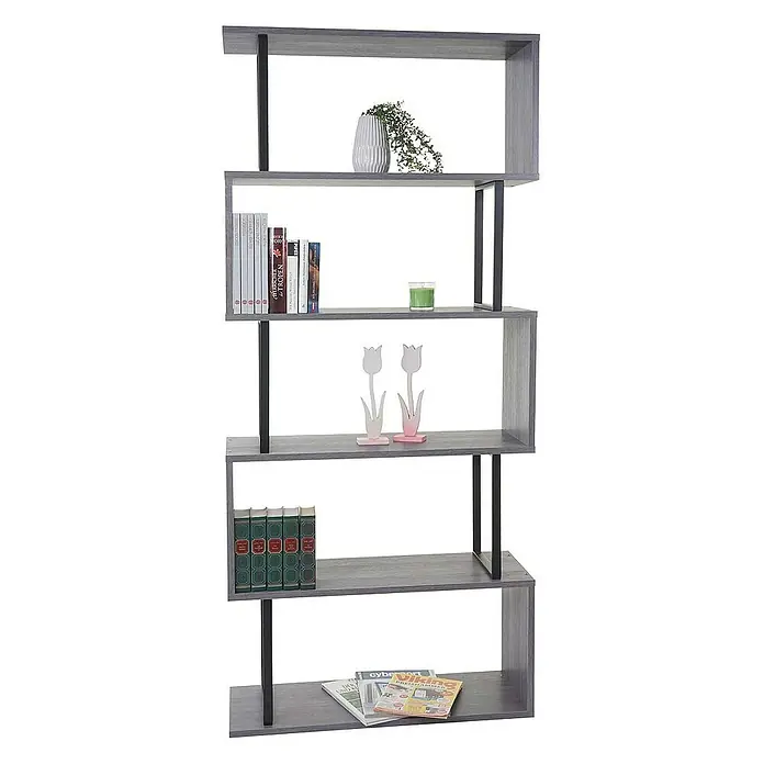 Berlinlodge Holzregal Bücherregal - H x B x T: 183 x 80 x 30 cm, Anzahl Böden: 5 Stk., Aufstellen, Grau - Modernes Bücherregal in Grau mit schwarzen Akzenten, gefüllt mit Büchern, Zeitschriften und dekorativen Elementen. Ideal für Wohn- oder Arbeitszimmer.