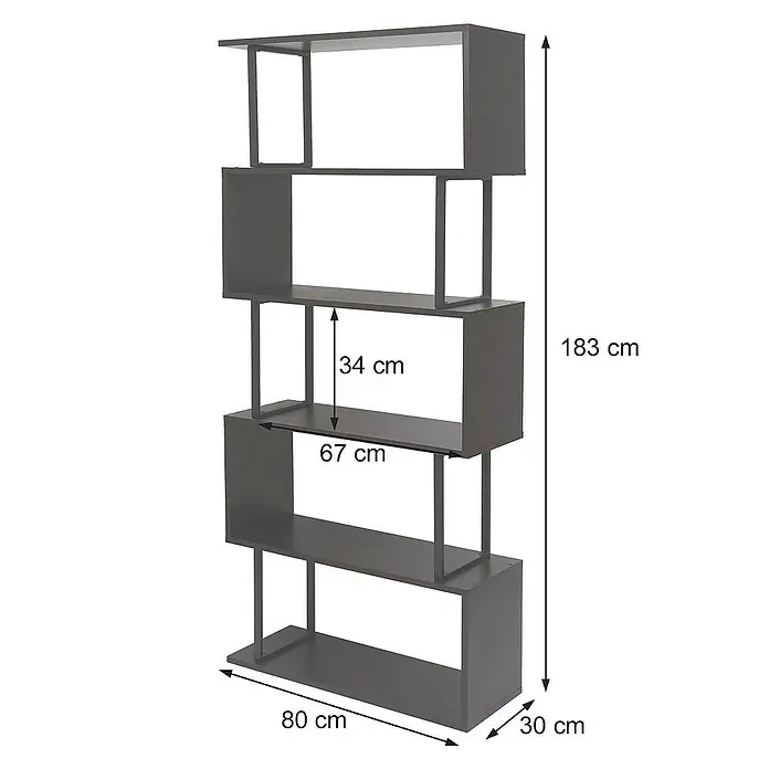 Berlinlodge Holzregal Bücherregal - H x B x T: 183 x 80 x 30 cm, Anzahl Böden: 5 Stk., Aufstellen, Grau - Das Bild zeigt ein modernes, graues Bücherregal mit ungewöhnlichem Design und verschiedenen Dimensionen. Die Abmessungen sind angegeben.