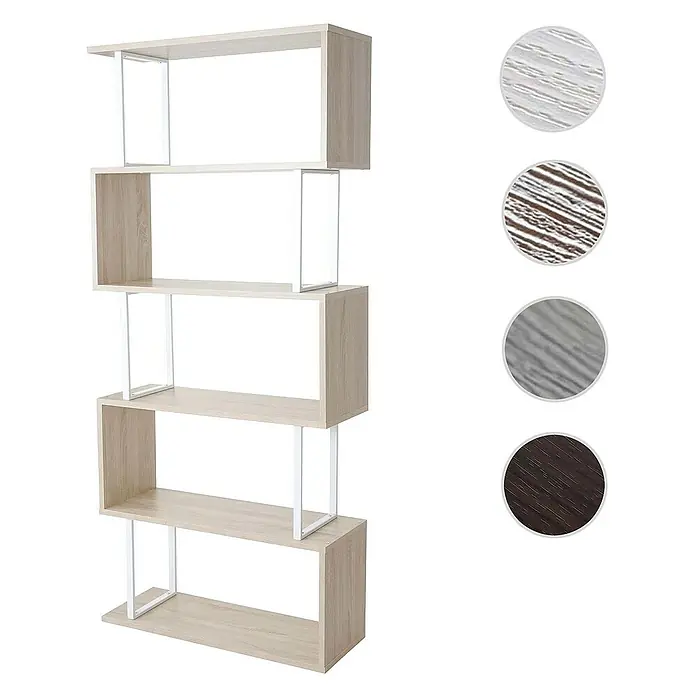 Berlinlodge Holzregal Bücherregal - H x B x T: 183 x 80 x 30 cm, Anzahl Böden: 5 Stk., Aufstellen, Grau - Modernes Bücherregal mit fünf Fächern in hellem Holzdekor und weißen Metallstreben, ideal für Wohnzimmer oder Büro.