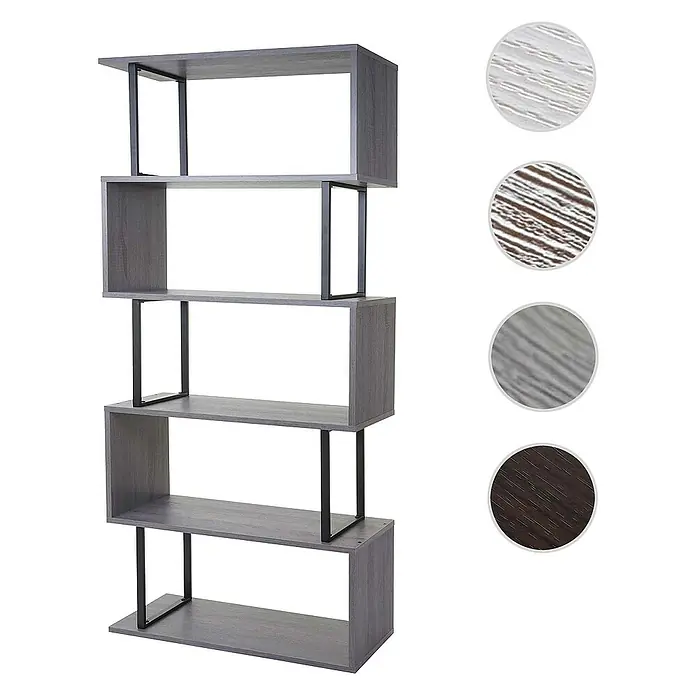 Berlinlodge Holzregal Bücherregal - H x B x T: 183 x 80 x 30 cm, Anzahl Böden: 5 Stk., Aufstellen, Grau - Stilvolles graues Bücherregal mit fünf Fächern und dunklen Metallbeinen für moderne Wohnräume.