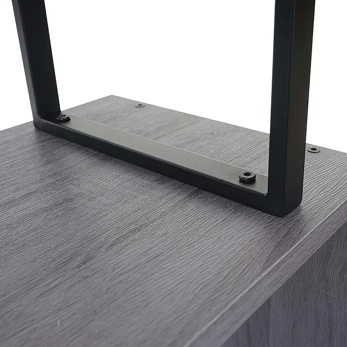 Berlinlodge Holzregal Bücherregal - H x B x T: 183 x 80 x 30 cm, Anzahl Böden: 5 Stk., Aufstellen, Grau - Nahaufnahme eines modernen Regals mit grauer Holzplatte und schwarzem Metallrahmen. Das Möbelstück besticht durch sein schlichtes Design.