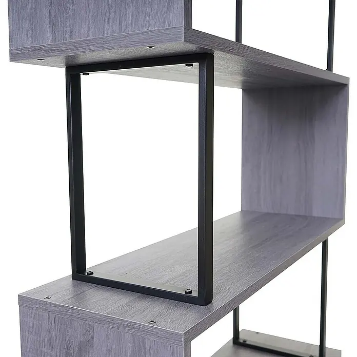 Berlinlodge Holzregal Bücherregal - H x B x T: 183 x 80 x 30 cm, Anzahl Böden: 5 Stk., Aufstellen, Grau - Detailansicht eines modernen, grauen Bücherregals mit schwarzem Metallrahmen, das stilvolles Design und Funktionalität vereint.
