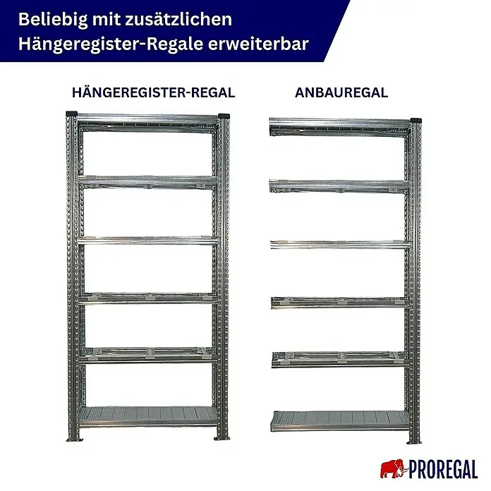 Proregal Registraturregal PROXIMO 1x Grundregal + 4x Anbauregal - H x B x T: 200 x 90 x 60 cm, Stecken, Verzinkt - Das Bild zeigt ein Hängeregister-Regal und ein Anbauregal, beide aus Metall und in einem modernen Design, erweiterbar für zusätzlichen Stauraum.