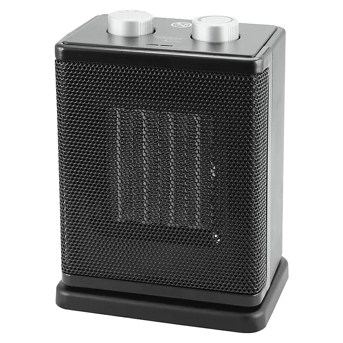 Voltomat HEATING Heizlüfter FH-111907 - 750 kW - 1.500 W, Schwarz, 17,8 x 12,3 x 24,4 cm - Ein kompakter, schwarzer Keramikheizer mit Drehknöpfen zur Temperaturregelung für gemütliche Wärme im Raum.
