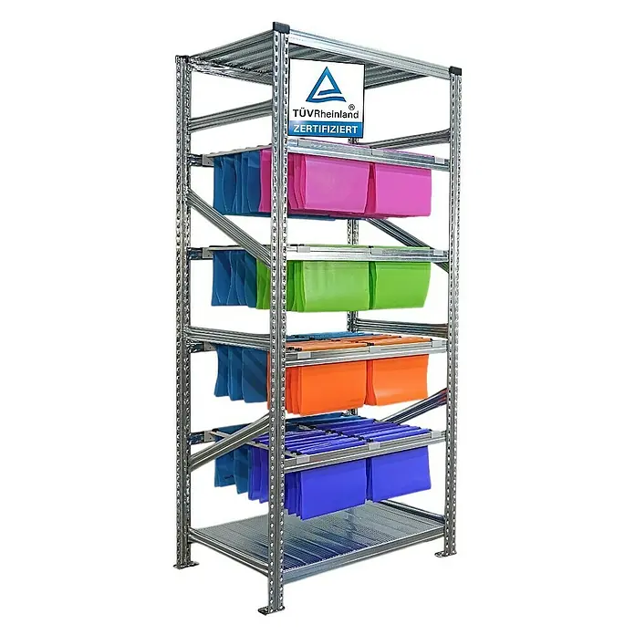 Proregal Registraturregal PROXIMO 1x Grundregal + 4x Anbauregal - H x B x T: 200 x 90 x 60 cm, Stecken, Verzinkt - Ein verzinktes Aktenregal mit bunten Hängeordnern, zertifiziert durch TÜV Rheinland, bietet effiziente Büroorganisation und Lagerung.