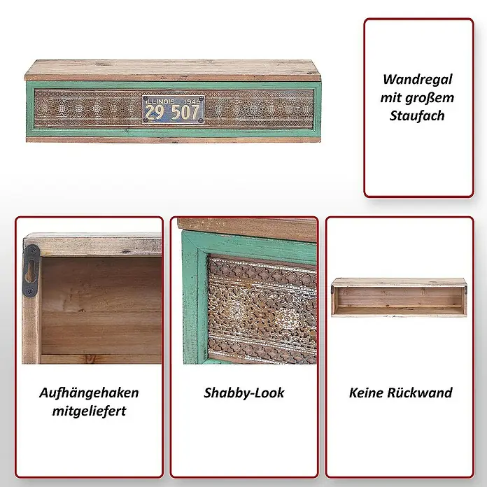 Berlinlodge Holzregal Wandregal - Anzahl Böden: 1 Stk., Einhängen, Braun - Wandregal mit großem Stauraum, Shabby-Look, mit Illinois-Kennzeichen und Aufhängehaken. Praktisch und dekorativ für jedes Zimmer.