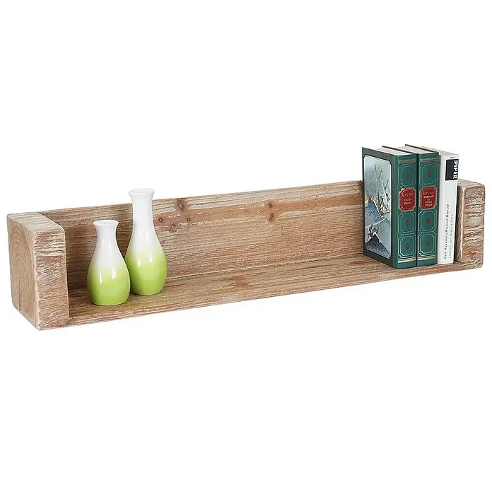 Berlinlodge Holzregal Wandregal - H x B x T: 19 x 84 x 18 cm, Anzahl Böden: 1 Stk., Einhängen, Braun - Nahaufnahme eines schwebenden Regals aus Holz mit Vasen und Büchern, das ein rustikales und stilvolles Dekorstück zeigt.