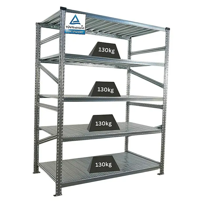 Proregal Metallregal Fachbodenregal PROXIMO Grundregal - Traglast pro Boden: 130 kg, Anzahl Böden: 5 Stk., Stecken, Verzinkt - Lagerregal mit vier Ebenen, jede mit einer Last von 130 kg, TÜV Rheinland zertifiziert für sichere Lagerung.