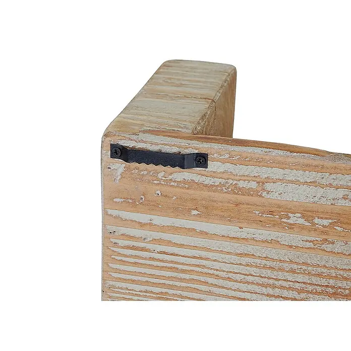 Berlinlodge Holzregal Wandregal - H x B x T: 19 x 84 x 18 cm, Anzahl Böden: 1 Stk., Einhängen, Braun - Nahaufnahme einer rustikalen, hölzernen Wandhalterung mit Zackenaufhänger, ideal für eine Vintage-Dekoration im Landhausstil.