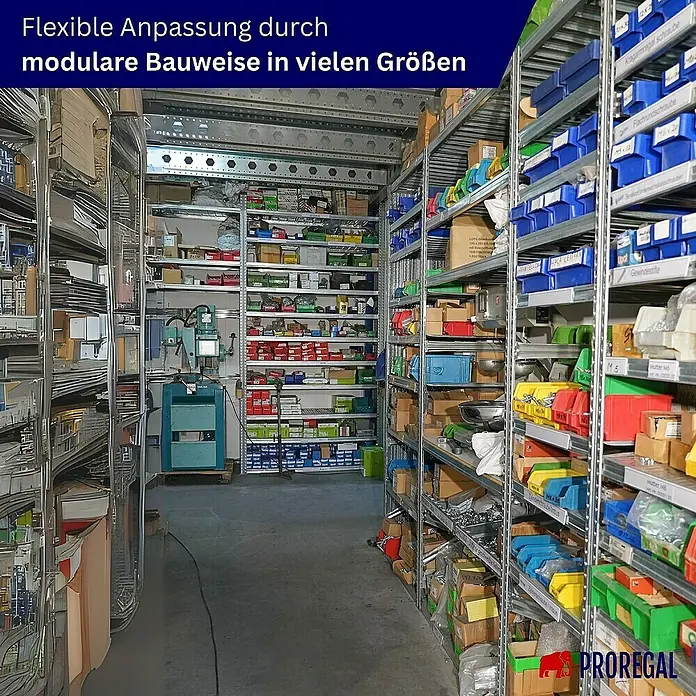 Proregal Metallregal Fachbodenregal PROXIMO Grundregal - Traglast pro Boden: 130 kg, Anzahl Böden: 5 Stk., Stecken, Verzinkt - PROREGAL bietet flexible Anpassung durch modulare Bauweise in vielen Größen. Das Bild zeigt das Ordnungssystem mit vielseitigen Nutzungsmöglichkeiten.
