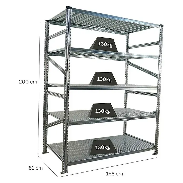 Proregal Metallregal Fachbodenregal PROXIMO Grundregal - Traglast pro Boden: 130 kg, Anzahl Böden: 5 Stk., Stecken, Verzinkt - Bild eines Schwerlastregals mit vier Ebenen, das jeweils mit 130 kg belastet ist. Die Maße des Regals sind 200 cm hoch, 158 cm breit und 81 cm tief.