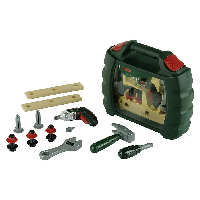 Klein Bosch Kinder-Werkzeugkasten Ixolino - Licht- & Toneffekte - Ein Spielzeug-Werkzeugkasten von Bosch Mini mit Schraubenschlüssel, Hammer, Schraubenzieher, Schrauben und Holzteilen, perfekt für kleine Handwerker.