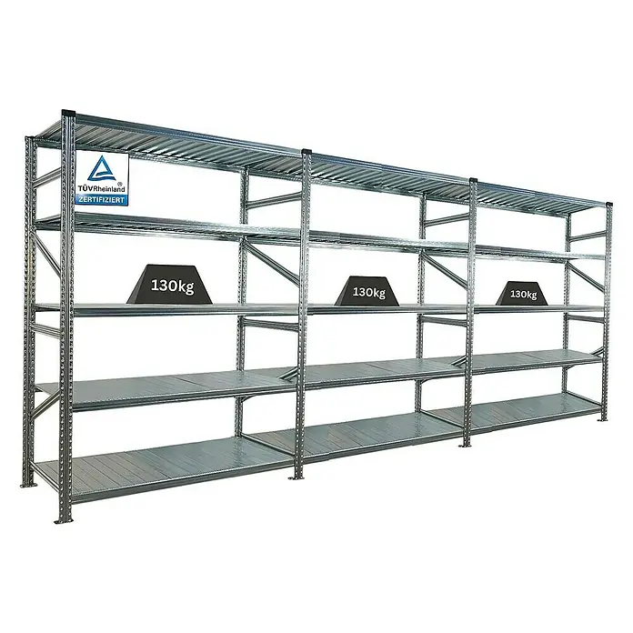Proregal Metallregal Fachbodenregal PROXIMO 1x Grundregal + 2x Anbauregal - Traglast pro Boden: 130 kg, Anzahl Böden: 5 Stk., Stecken, Verzinkt - Regal mit vier Regalebenen, geprüft durch TÜV Rheinland, belastet mit 130kg pro Ebene.
