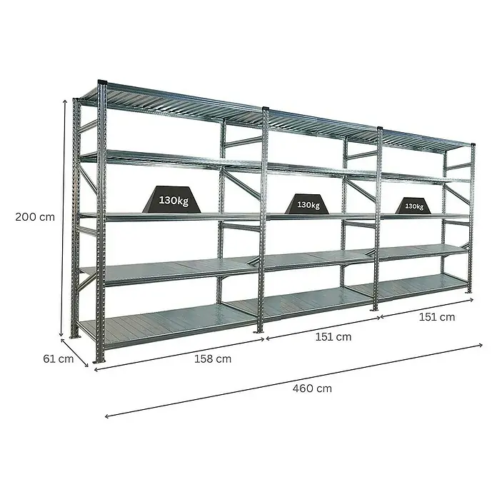 Proregal Metallregal Fachbodenregal PROXIMO 1x Grundregal + 2x Anbauregal - Traglast pro Boden: 130 kg, Anzahl Böden: 5 Stk., Stecken, Verzinkt - Abbildung eines Schwerlastregals aus Metall mit vier Ebenen, gekennzeichnet mit seinen Abmessungen und einer Traglast von 130 kg pro Ebene.
