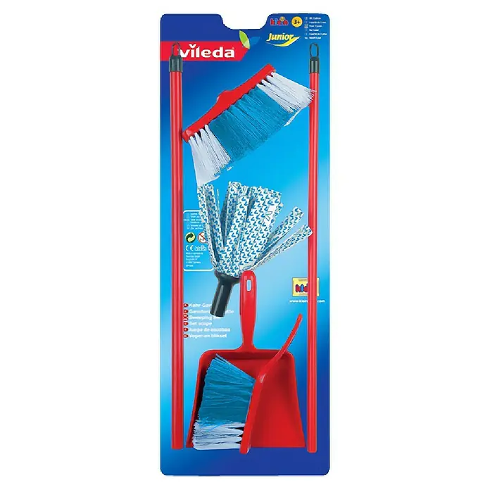 Klein Vileda Kinder-Wischmop-Set - 4 -tlg. - Abbildung eines Vileda Junior Kehr-Garnitur Spielzeugsets mit Besen, Kehrblech und Wischmop in leuchtenden Farben für Kinder ab 3 Jahren.