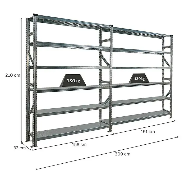 Proregal Metallregal Fachbodenregal PROXIMO 1x Grundregal + 1x Anbauregal - Traglast pro Boden: 200 kg, Anzahl Böden: 6 Stk., Stecken, Verzinkt - Abbildung eines Lagerregals aus Metall mit mehreren Regalböden und Gewichtsangabe.