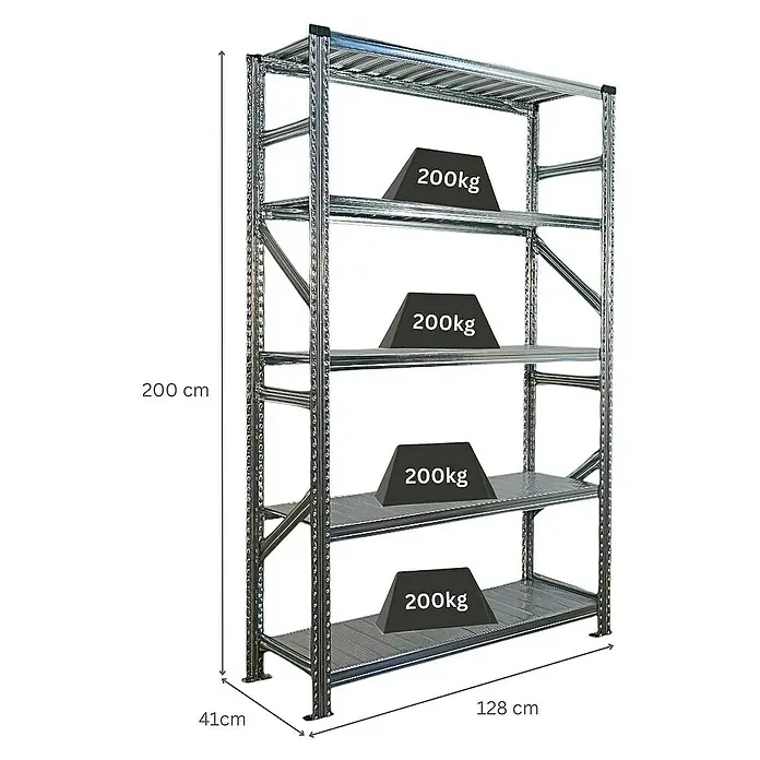 Proregal Metallregal Fachbodenregal PROXIMO Grundregal - Traglast pro Boden: 200 kg, Anzahl Böden: 5 Stk., Stecken, Verzinkt - Abbildung eines Metallregals mit vier Ebenen, jede mit einer Last von 200 kg belastet. Das Regal ist 200 cm hoch, 128 cm breit und 41 cm tief.