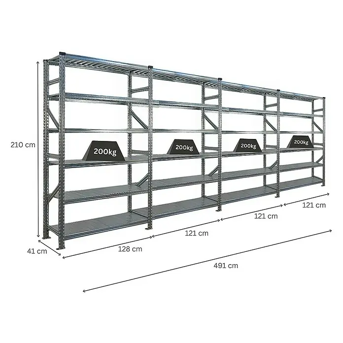 Proregal Metallregal Fachbodenregal PROXIMO 1x Grundregal + 3x Anbauregal - Traglast pro Boden: 200 kg, Anzahl Böden: 6 Stk., Stecken, Verzinkt - Ein perspektivisches Bild eines Schwerlastregals aus Metall mit vier Ebenen und Gewichtsangaben.