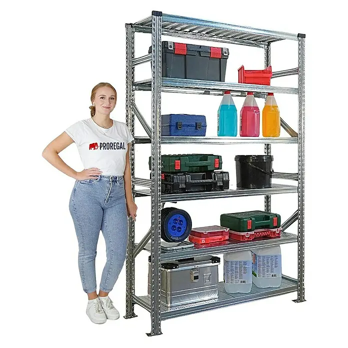 Proregal Metallregal Fachbodenregal PROXIMO 1x Grundregal + 3x Anbauregal - Traglast pro Boden: 200 kg, Anzahl Böden: 6 Stk., Stecken, Verzinkt - Ein robustes Metallregal mit sechs Ebenen, voll mit Werkzeugkästen und Behältern. Das ideale Ordnungssystem für Werkstatt oder Lager.