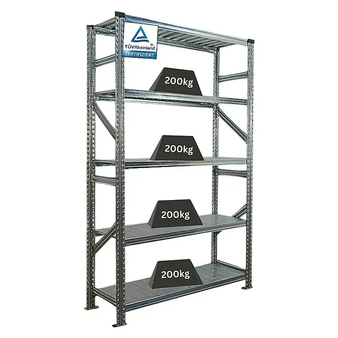 Proregal Metallregal Fachbodenregal PROXIMO Grundregal - Traglast pro Boden: 200 kg, Anzahl Böden: 5 Stk., Stecken, Verzinkt - Belastbares Schwerlastregal mit vier Ebenen, auf denen jeweils 200 kg schwere Gewichte platziert sind, zertifiziert durch TÜV Rheinland.