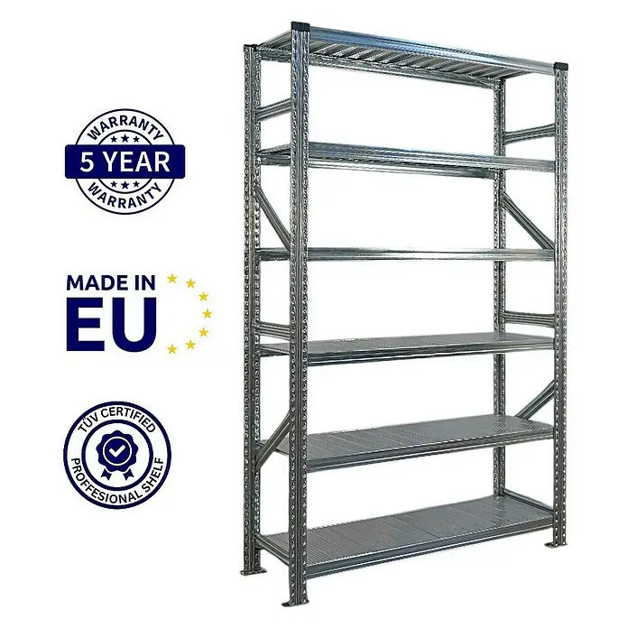 Proregal Metallregal Fachbodenregal PROXIMO 1x Grundregal + 3x Anbauregal - Traglast pro Boden: 200 kg, Anzahl Böden: 6 Stk., Stecken, Verzinkt - Metallregal mit 5 Regalböden, ideal für Lagerung und Organisation. Robuste Bauweise für hohe Belastbarkeit.