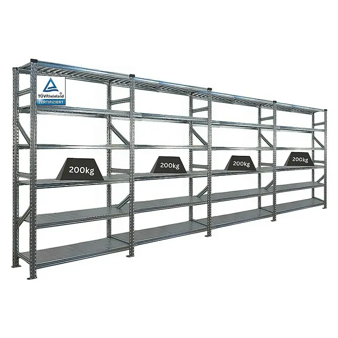 Proregal Metallregal Fachbodenregal PROXIMO 1x Grundregal + 3x Anbauregal - Traglast pro Boden: 200 kg, Anzahl Böden: 6 Stk., Stecken, Verzinkt - Das Bild zeigt ein Schwerlastregal mit vier Ebenen, auf denen jeweils ein Gewicht von 200 kg platziert ist. Das Regal ist TÜV-Rheinland zertifiziert.