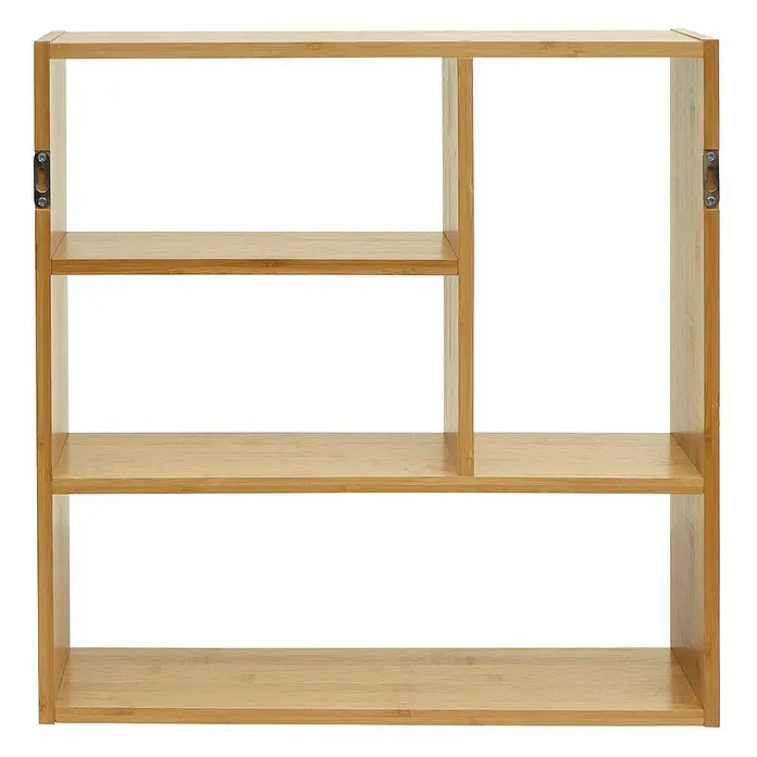 Berlinlodge Holzregal Wandregal - Anzahl Böden: 4 Stk., Einhängen, Braun - Dieses Bild zeigt ein modernes, hellbraunes Wandregal mit drei Fächern unterschiedlicher Größe zur vielseitigen Aufbewahrung.