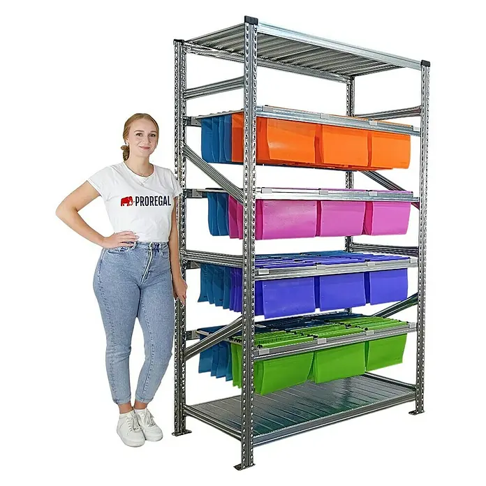 Proregal Registraturregal PROXIMO 1x Grundregal + 2x Anbauregal - H x B x T: 200 x 120 x 60 cm, Stecken, Verzinkt - Präsentation eines Regalsystems mit farbigen Hängeordnern, ideal für Büro oder Lager.