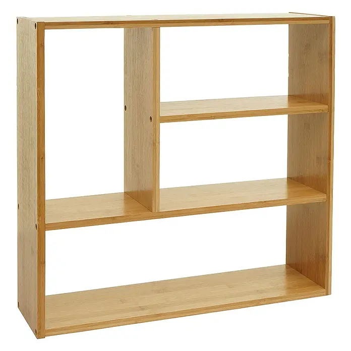 Berlinlodge Holzregal Wandregal - Anzahl Böden: 4 Stk., Einhängen, Braun - Nahaufnahme eines hellbraunen, rechteckigen Bücherregals aus Holz mit drei Regalen und einem vertikalen Teiler.