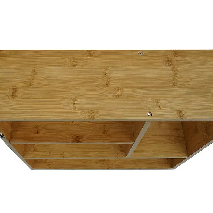 Berlinlodge Holzregal Wandregal - Anzahl Böden: 4 Stk., Einhängen, Braun - Nahaufnahme einer Bambuskommode mit offenen Regalen und Schrauben auf der Oberseite, die die natürliche Holzmaserung hervorhebt.