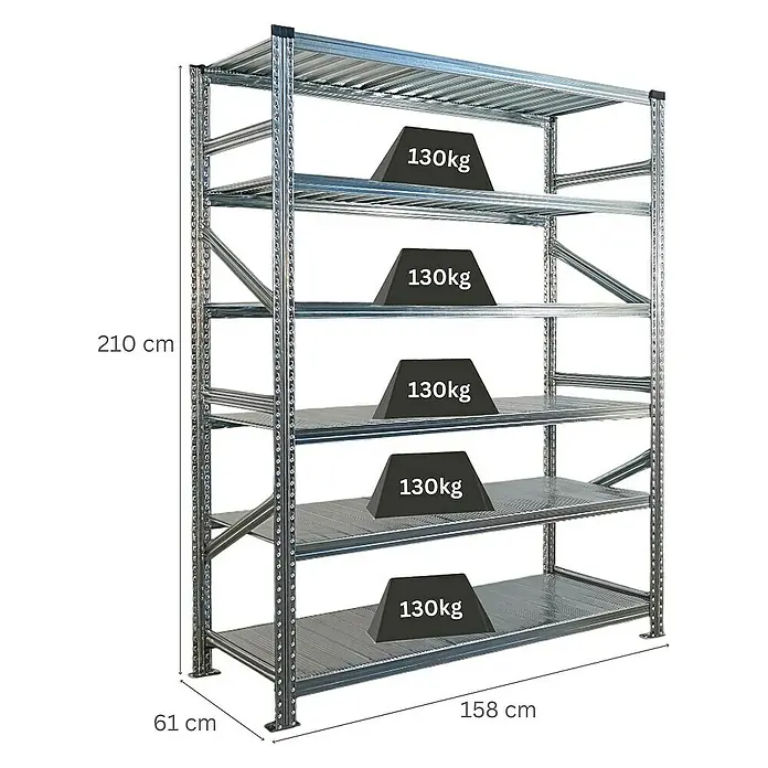Proregal Metallregal Fachbodenregal PROXIMO Grundregal - Traglast pro Boden: 200 kg, Anzahl Böden: 6 Stk., Stecken, Verzinkt - Ein stabiles Schwerlastregal aus Metall mit fünf Ablageflächen, jede mit 130 kg belastet, für Lager und Werkstatt.