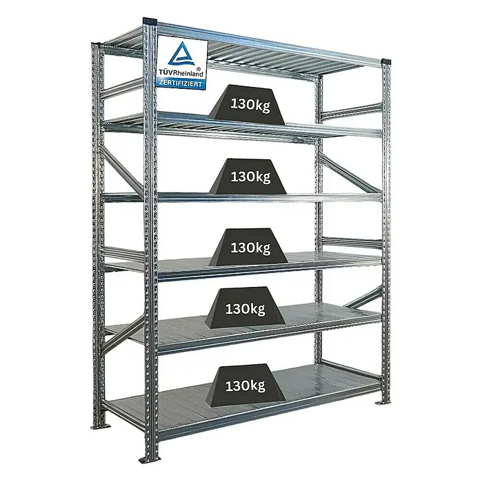Proregal Metallregal Fachbodenregal PROXIMO Grundregal - Traglast pro Boden: 200 kg, Anzahl Böden: 6 Stk., Stecken, Verzinkt - Lagerregal mit fünf Ebenen, jede mit Gewichten von 130 kg belastet, zertifiziert durch TÜV Rheinland.