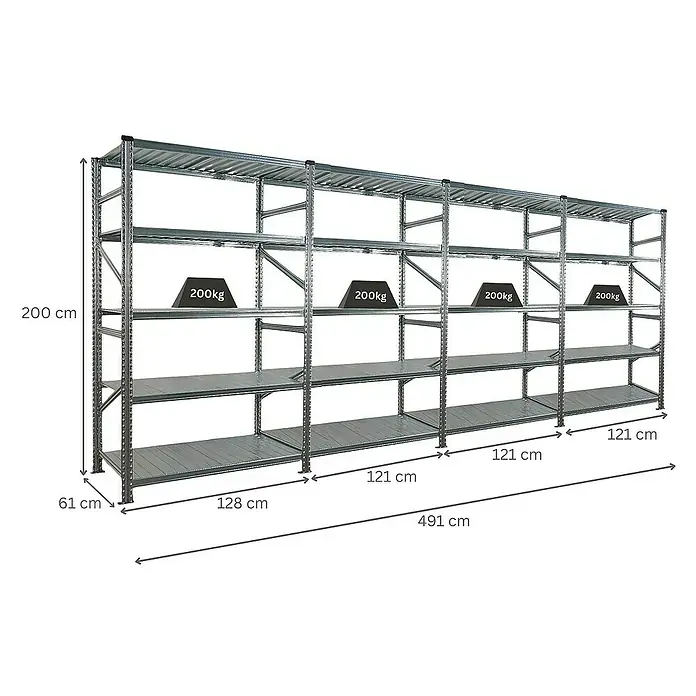 Proregal Metallregal Fachbodenregal PROXIMO 1x Grundregal + 3x Anbauregal - Traglast pro Boden: 200 kg, Anzahl Böden: 5 Stk., Stecken, Verzinkt - Ein großes, graues Schwerlastregal mit vier Ebenen, das mit 200 kg pro Ebene belastbar ist und die Abmessungen sind angegeben.