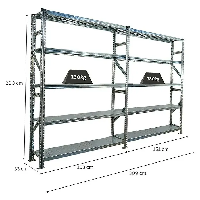 Proregal Metallregal Fachbodenregal PROXIMO 1x Grundregal + 1x Anbauregal - Traglast pro Boden: 130 kg, Anzahl Böden: 5 Stk., Stecken, Verzinkt - Bild eines verzinkten Metallregals mit vier Ebenen, das mit bis zu 130 kg belastbar ist. Die Maße sind angegeben.