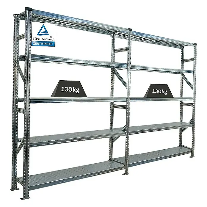 Proregal Metallregal Fachbodenregal PROXIMO 1x Grundregal + 1x Anbauregal - Traglast pro Boden: 130 kg, Anzahl Böden: 5 Stk., Stecken, Verzinkt - Schwerlastregal mit mehreren Ebenen, belastbar bis 130kg, zertifiziert von TÜV Rheinland für hohe Qualitätsstandards.\n
