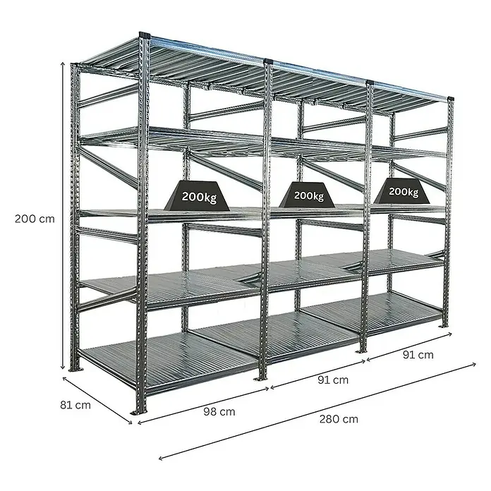 Proregal Metallregal Fachbodenregal PROXIMO 1x Grundregal + 2x Anbauregal - Traglast pro Boden: 200 kg, Anzahl Böden: 5 Stk., Stecken, Verzinkt - Ein Bild von einem robusten Metallregal mit mehreren Ebenen, das mit Gewichten von je 200kg belastet ist, inklusive Maßangaben.
