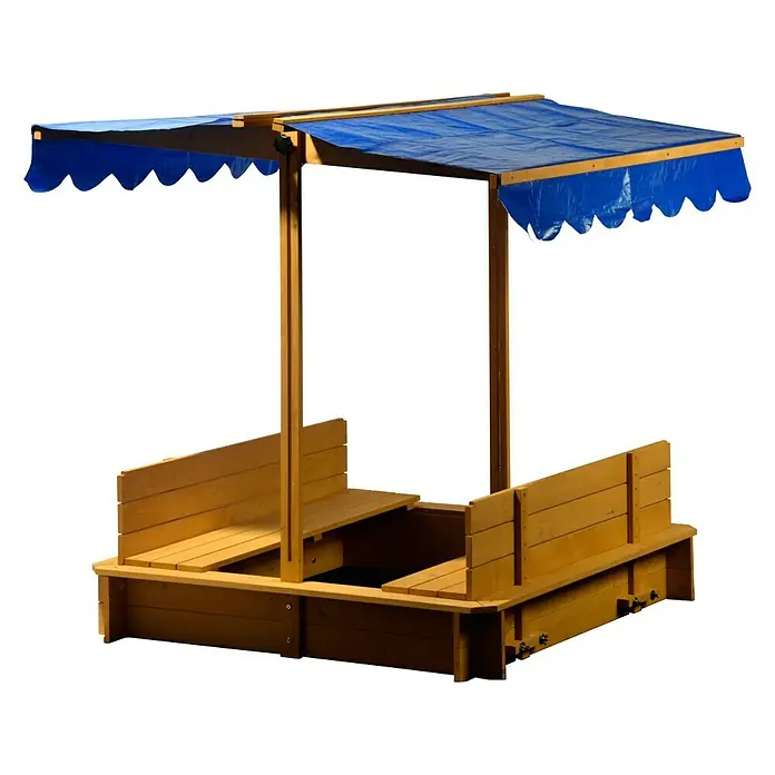 Dobar Sandkasten112 x 112 x 112 cm, Höhenverstellbares Dach - Holzsandkasten mit blauem Sonnensegel und Bänken. Ideal zum Spielen im Garten oder auf der Terrasse für Kinder.
