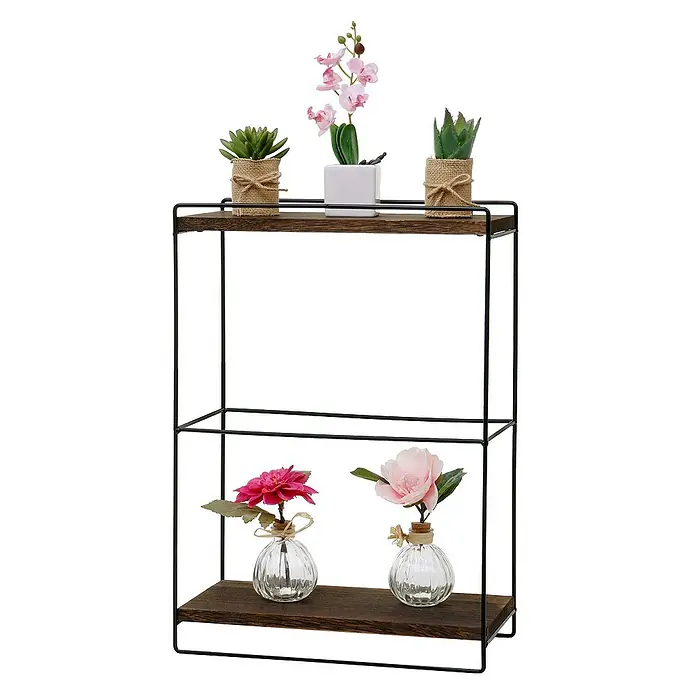 Berlinlodge Holzregal Wandregal - H x B x T: 50 x 35 x 17 cm, Anzahl Böden: 2 Stk., Einhängen, Dunkelbraun - Dekorative Regalkonstruktion mit zwei Ebenen, verziert mit Kunstpflanzen und Blumen, ideal für stilvolle Raumgestaltung.