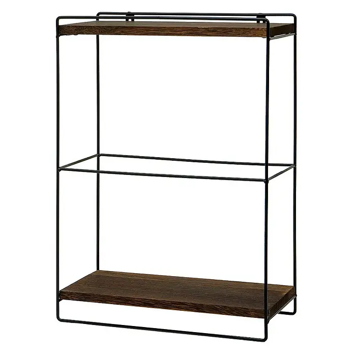 Berlinlodge Holzregal Wandregal - H x B x T: 50 x 35 x 17 cm, Anzahl Böden: 2 Stk., Einhängen, Dunkelbraun - Regal mit zwei Ebenen aus dunklem Holz und schwarzem Metallrahmen, ein dekoratives und funktionelles Möbelstück.