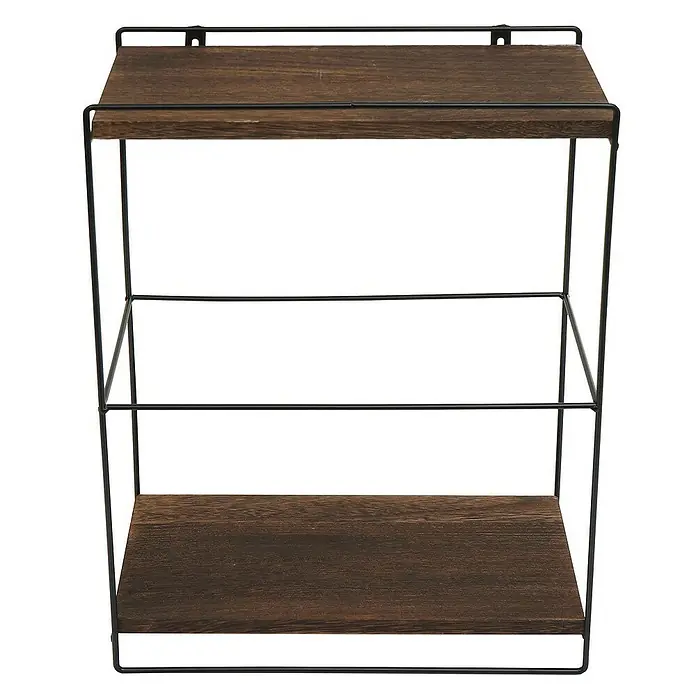 Berlinlodge Holzregal Wandregal - H x B x T: 50 x 35 x 17 cm, Anzahl Böden: 2 Stk., Einhängen, Dunkelbraun - Ein dekoratives Wandregal mit zwei Holzablagen und einem schwarzen Metallgestell, ideal für die Aufbewahrung und Präsentation von Gegenständen.