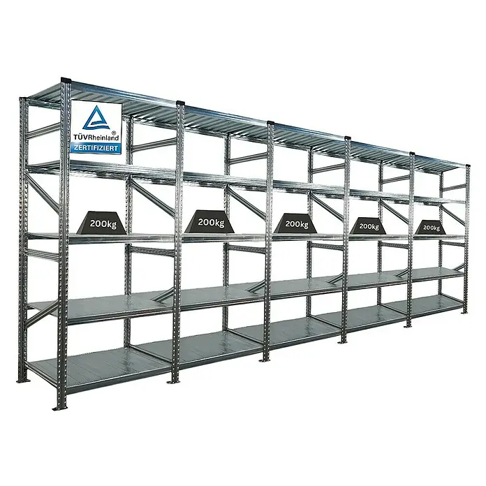 Proregal Metallregal Fachbodenregal PROXIMO 1x Grundregal + 4x Anbauregal - Traglast pro Boden: 200 kg, Anzahl Böden: 5 Stk., Stecken, Verzinkt - Ein Regal-System aus Metall mit mehreren Ebenen, einige mit Gewichten von 200kg, geprüft vom TÜV Rheinland.