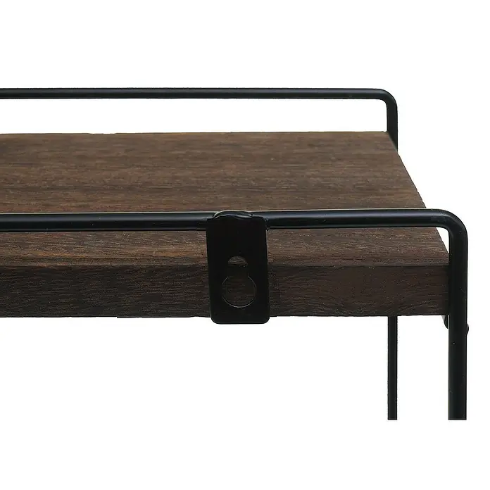 Berlinlodge Holzregal Wandregal - H x B x T: 50 x 35 x 17 cm, Anzahl Böden: 2 Stk., Einhängen, Dunkelbraun - Detailaufnahme eines Wandregals mit dunklem Holzbrett und schwarzem Metallrahmen zur stilvollen Wanddekoration.