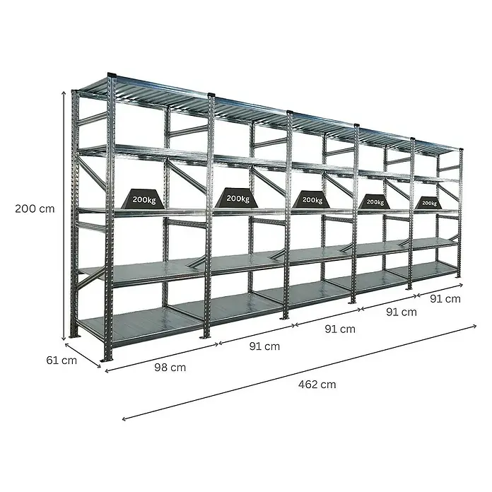Proregal Metallregal Fachbodenregal PROXIMO 1x Grundregal + 4x Anbauregal - Traglast pro Boden: 200 kg, Anzahl Böden: 5 Stk., Stecken, Verzinkt - Ein Bild von einem langen, silbernen Schwerlastregal mit mehreren Ebenen und Gewichtsangaben.