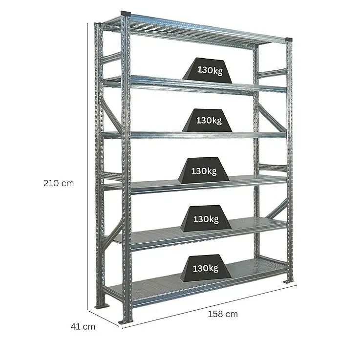 Proregal Metallregal Fachbodenregal PROXIMO Grundregal - Traglast pro Boden: 200 kg, Anzahl Böden: 6 Stk., Stecken, Verzinkt - Ein silbernes Schwerlastregal mit fünf Regalböden, die jeweils mit 130kg beladen sind. Maße: 210 cm hoch, 158 cm breit, 41 cm tief.
