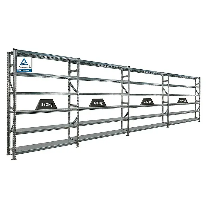 Proregal Metallregal Fachbodenregal PROXIMO 1x Grundregal + 3x Anbauregal - Traglast pro Boden: 200 kg, Anzahl Böden: 6 Stk., Stecken, Verzinkt - Das Bild zeigt ein langes, silbernes Schwerlastregal mit mehreren Ebenen und Gewichten, das auf seine Stabilität hinweist.\n