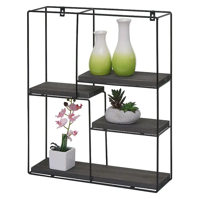 Berlinlodge Holzregal Wandregal rechteckig - Anzahl Böden: 4 Stk., Einhängen, Grau - Wandregal mit Metallrahmen und Holzregalböden, dekoriert mit Blumen, Vasen und einer Sukkulente.